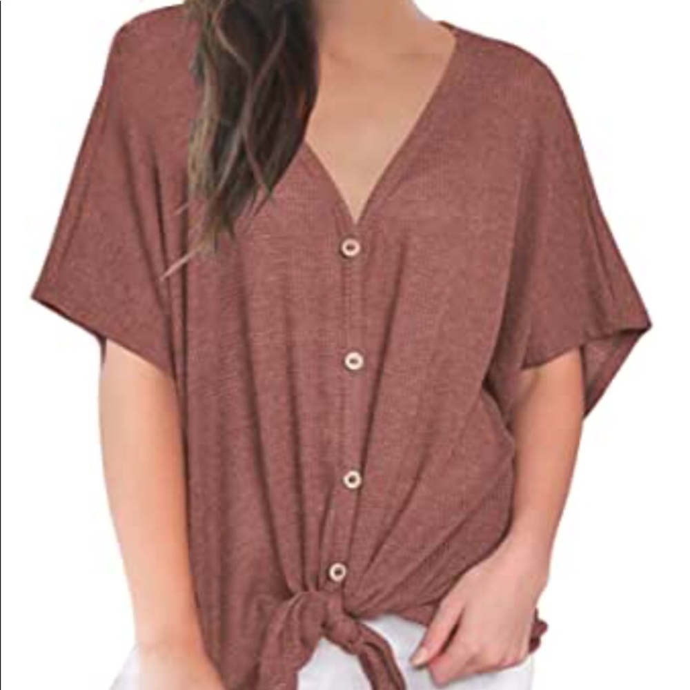 Loose Waffle Short Sleeve V-Neck-Rust